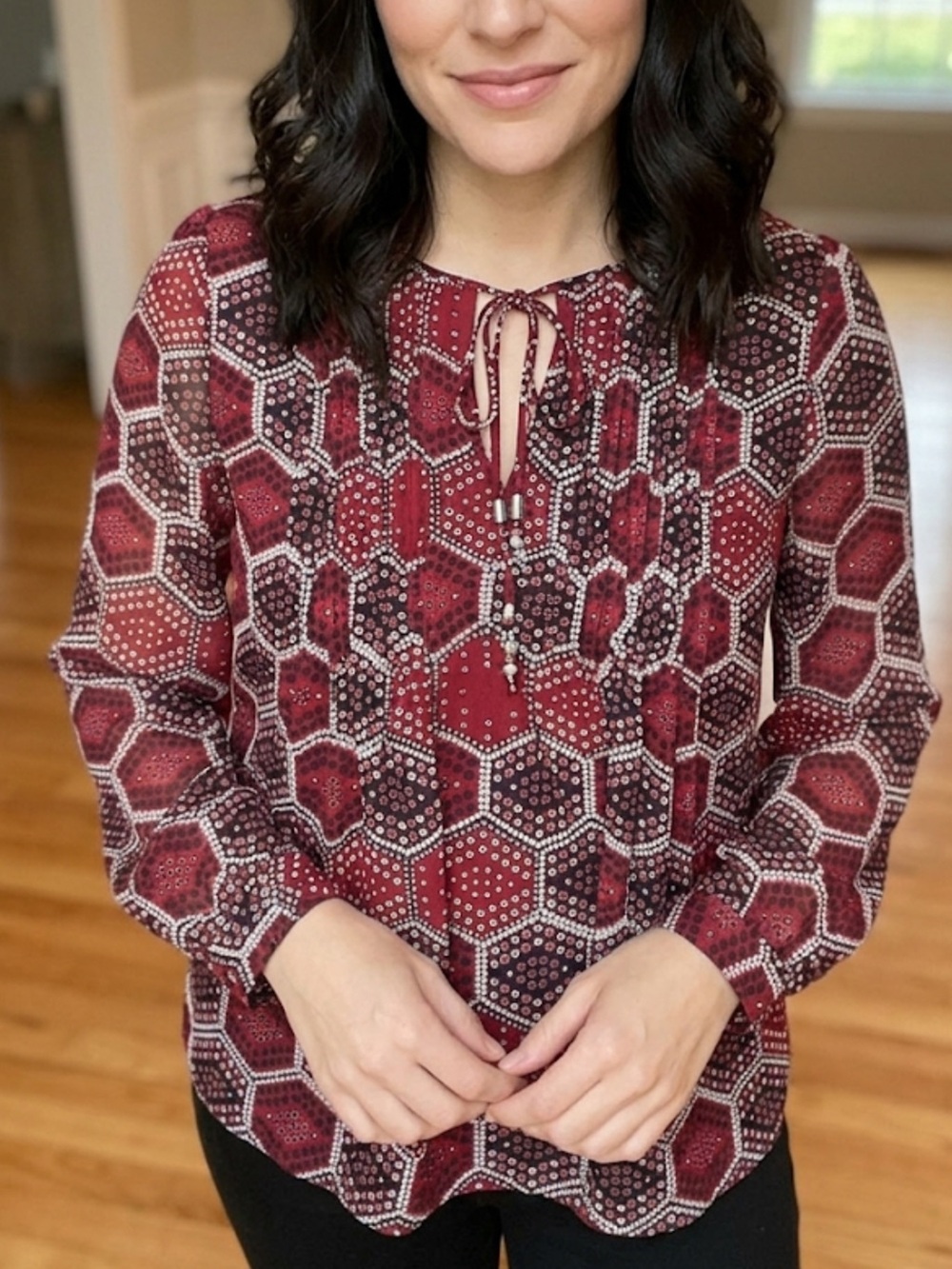Tommy Hilfiger Red Hexagon Long-Sleeve Blouse small lining separation shoulder